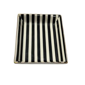 J. Crew Black & White Striped Porcelain Trinket Rectangle Tray Gold Trim
